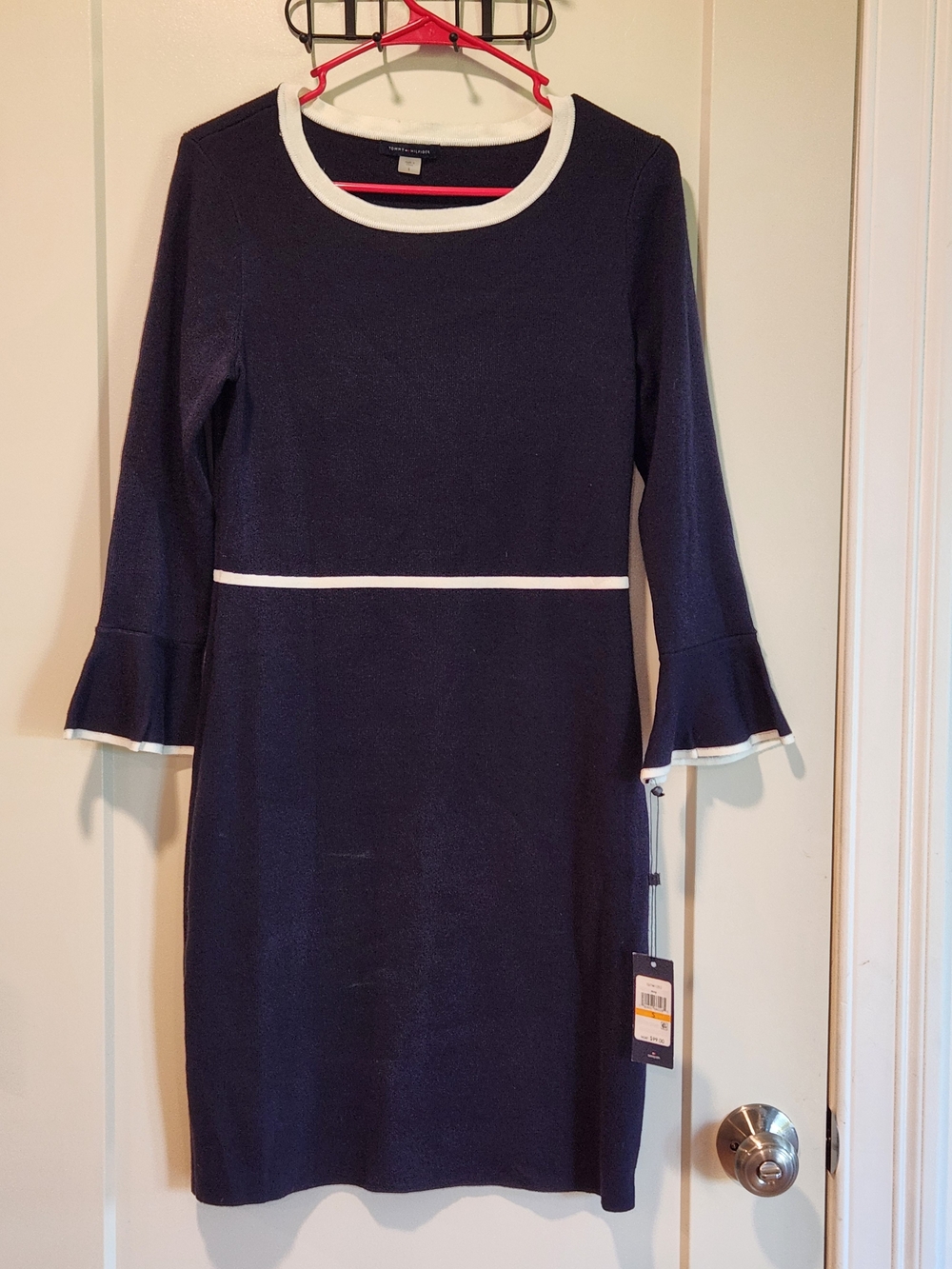 Tommy Hilfiger Navy Blue Contrast White Trim Flare Sleeve Sweater Dress Small